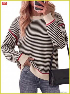Oversized Striped Pullover Sweater Cotton Knit Boat Neck Casual